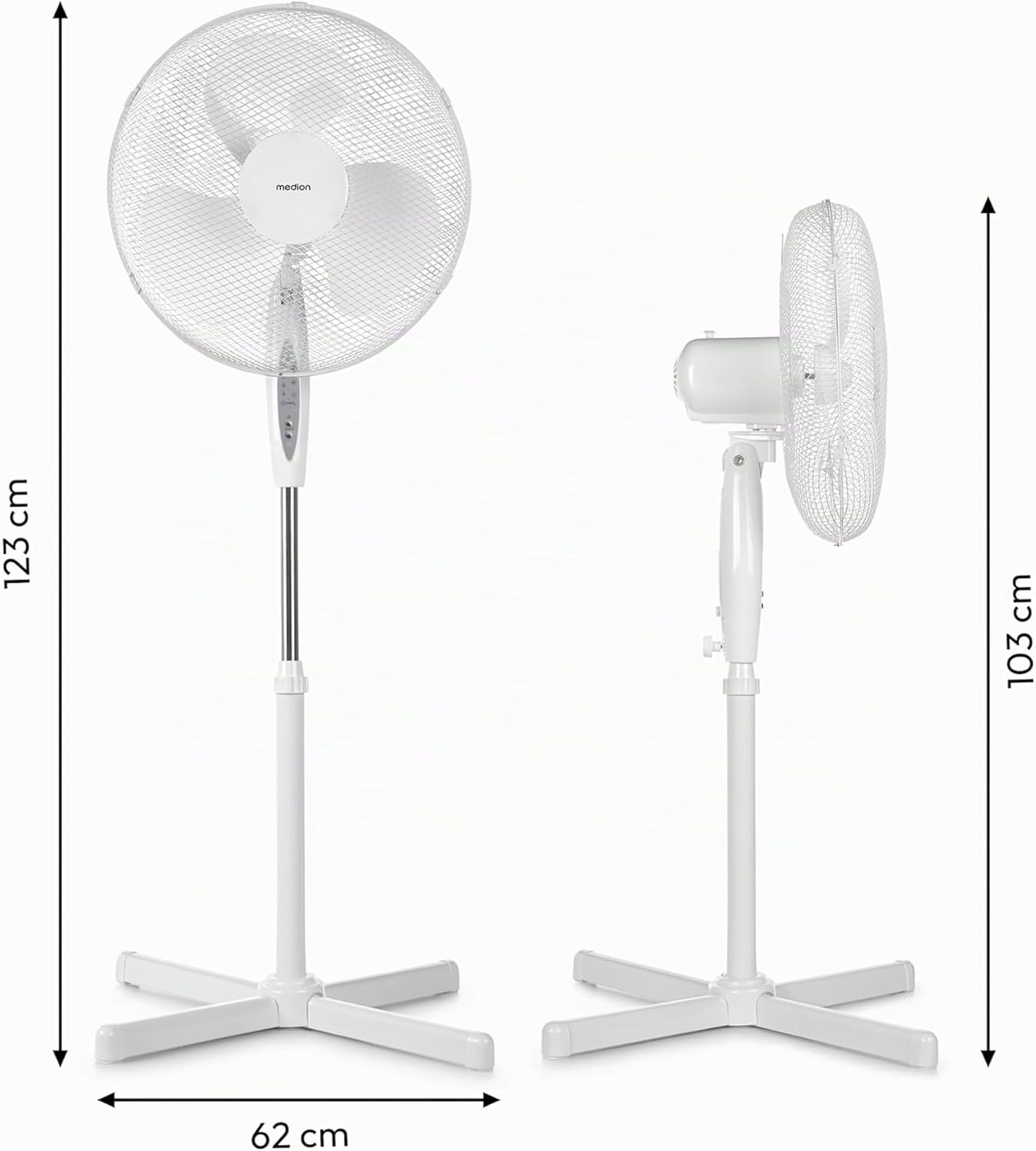 MEDION MD18795 Silent Pedestal Fan 45W 3-Speed Oscillating Remote Control White