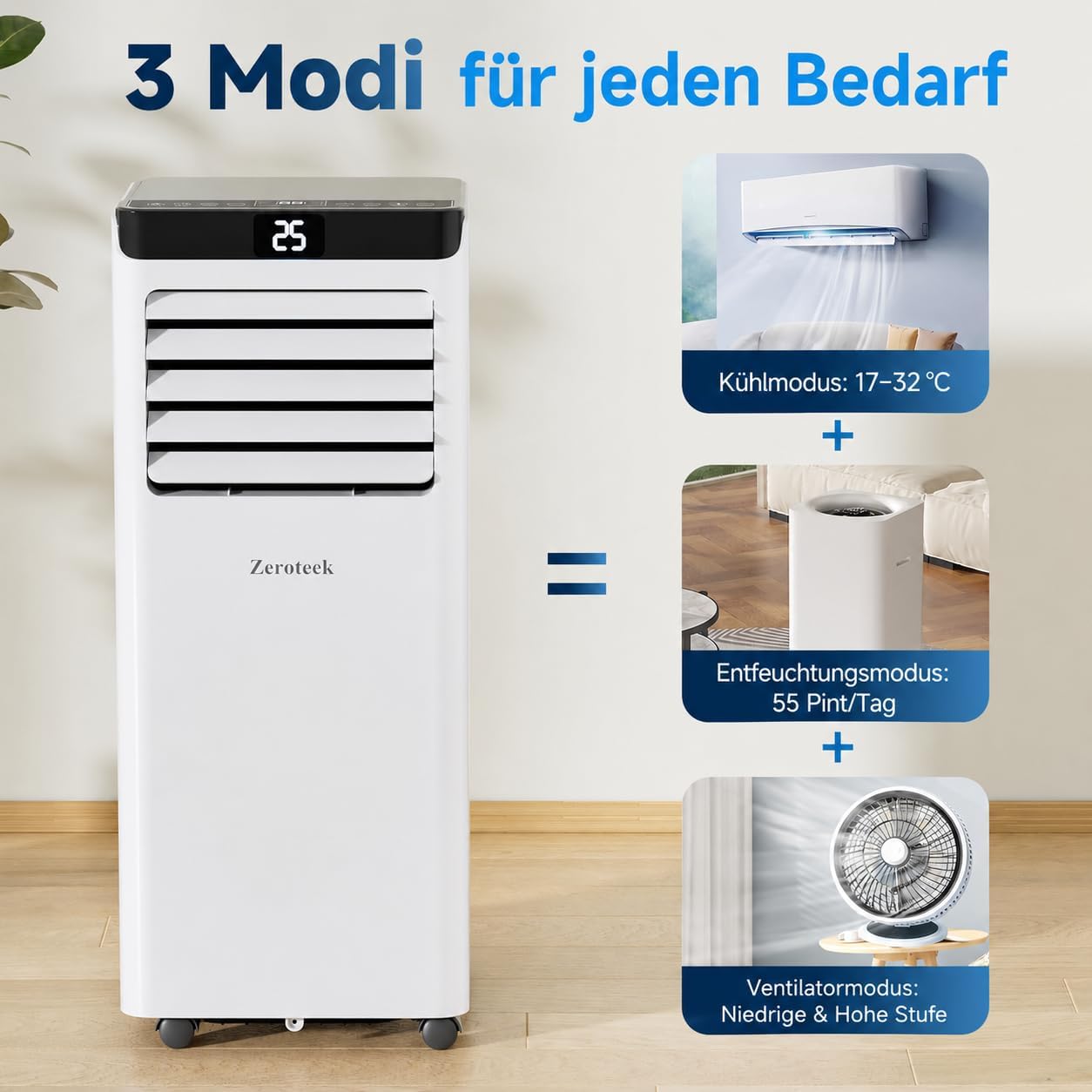 Zeroteek Portable Air Conditioner 7000 BTU 4-in-1 Cooling Dehumidifier Fan White