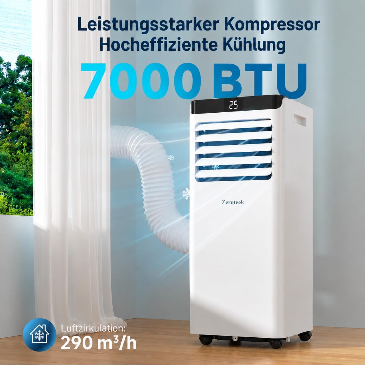 Zeroteek Portable Air Conditioner 7000 BTU 4-in-1 Cooling Dehumidifier Fan White