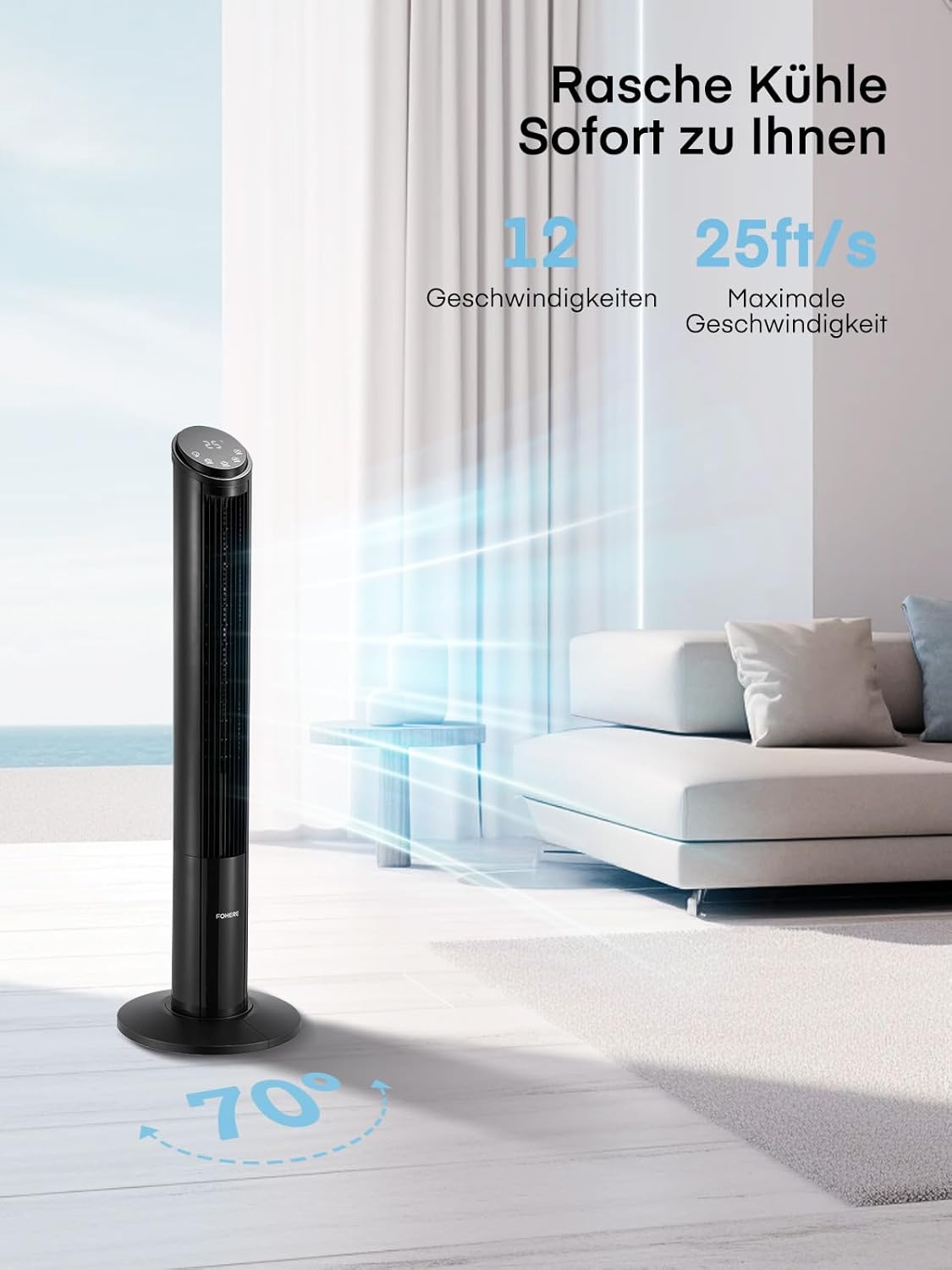 FOHERE TF2229TLR-DC Tower Fan 102 cm 12-Speed DC Motor Remote Control Black