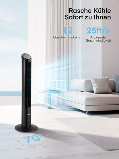 FOHERE TF2229TLR-DC Tower Fan 102 cm 12-Speed DC Motor Remote Control Black