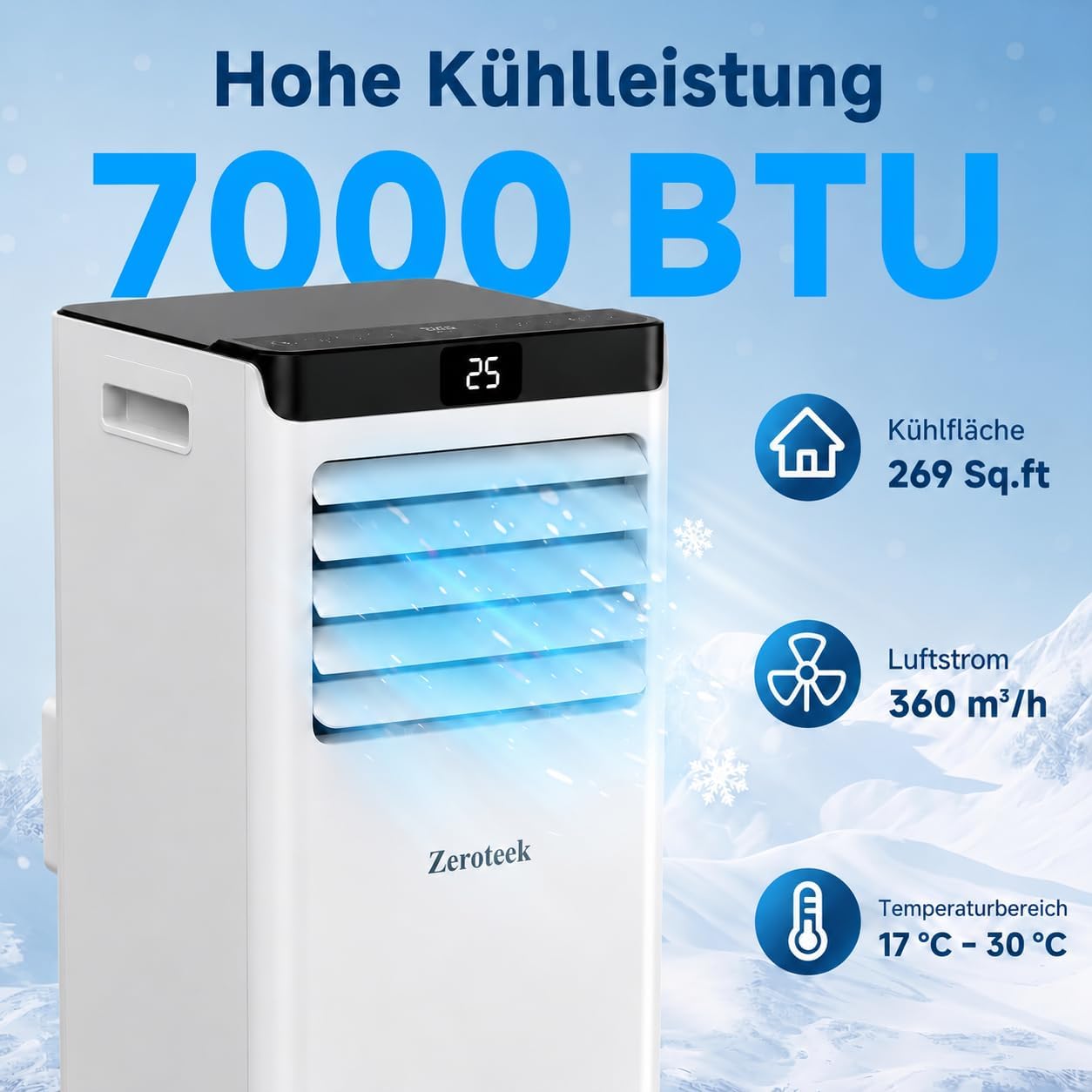 Zeroteek Portable Air Conditioner 7000 BTU 4-in-1 Cooling Dehumidifier Fan White