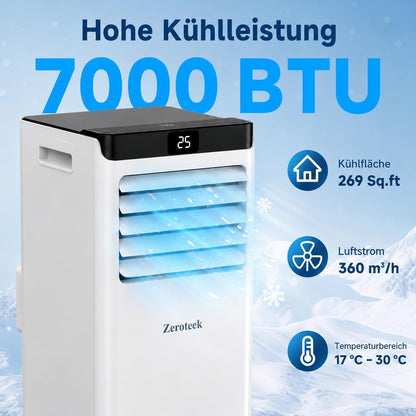 Zeroteek Portable Air Conditioner 7000 BTU 4-in-1 Cooling Dehumidifier Fan White
