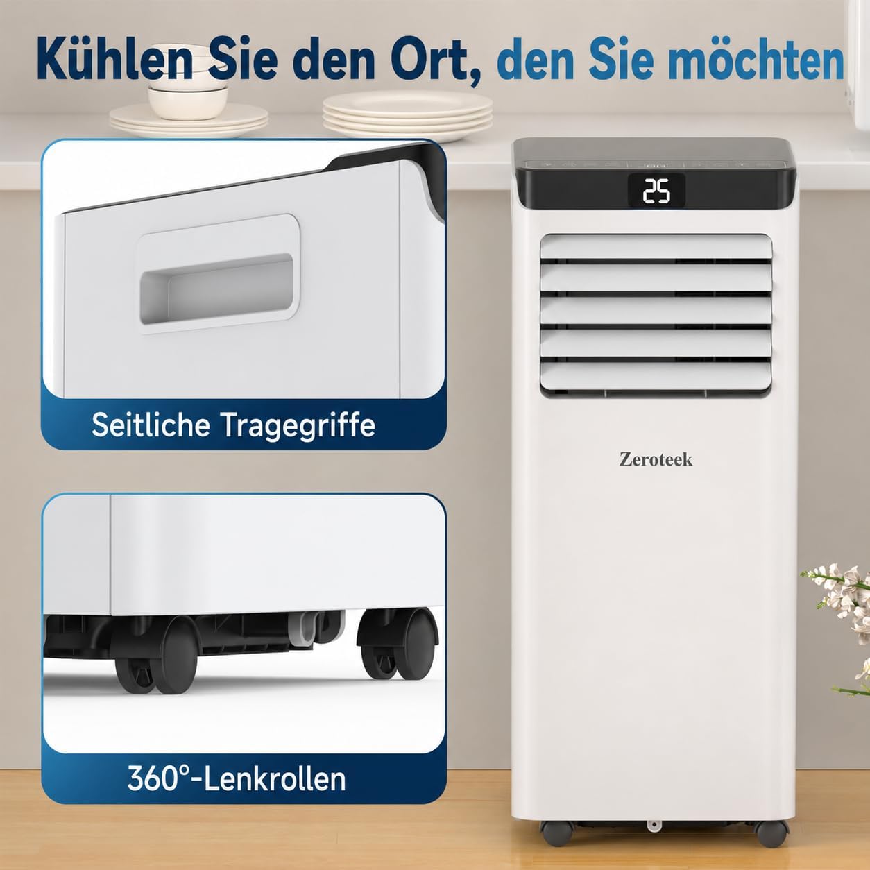 Zeroteek Portable Air Conditioner 7000 BTU 4-in-1 Cooling Dehumidifier Fan White