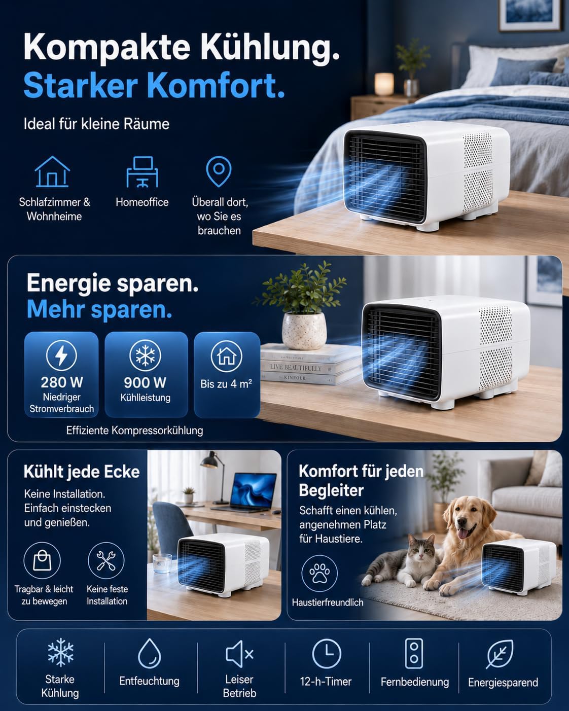 Athuniverth K7 Portable Air Conditioner 2700 BTU 3-in-1 Cooling Dehumidifier Fan White