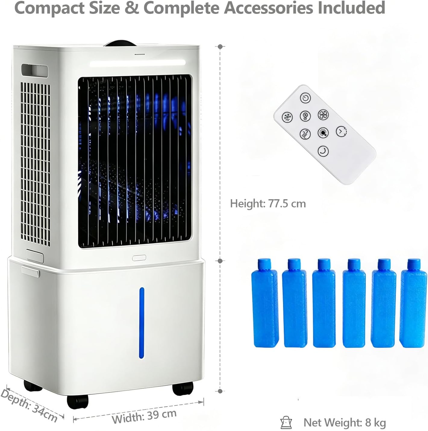 Generisch ZZDZABKZC Portable Evaporative Cooler 20L 2000 m³/h 3-in-1 Fan Humidifier White