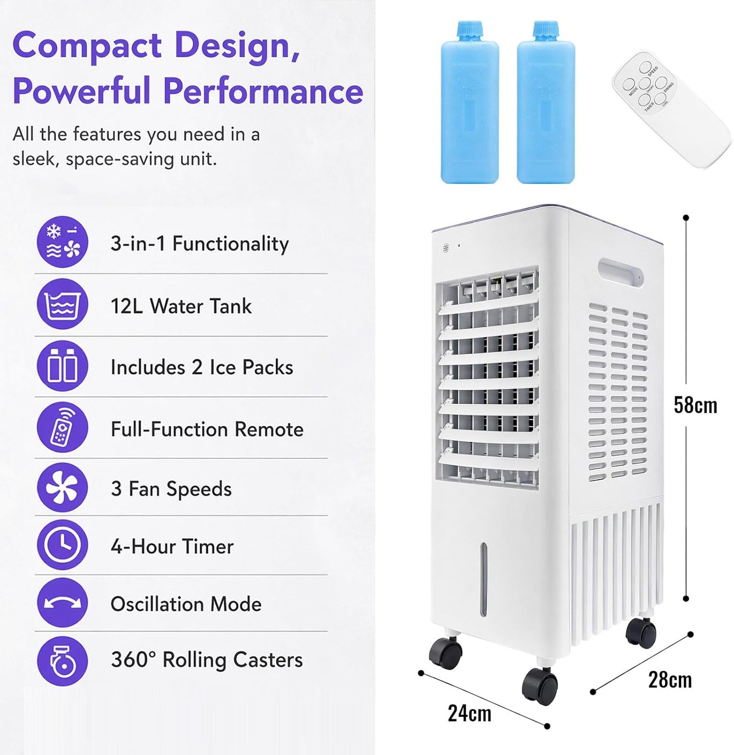 Simsky AC-4in1-12L Portable Evaporative Cooler 12L 4-in-1 Fan Humidifier White