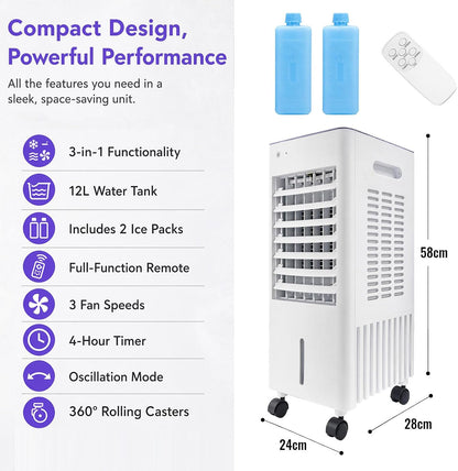 Simsky AC-4in1-12L Portable Evaporative Cooler 12L 4-in-1 Fan Humidifier White