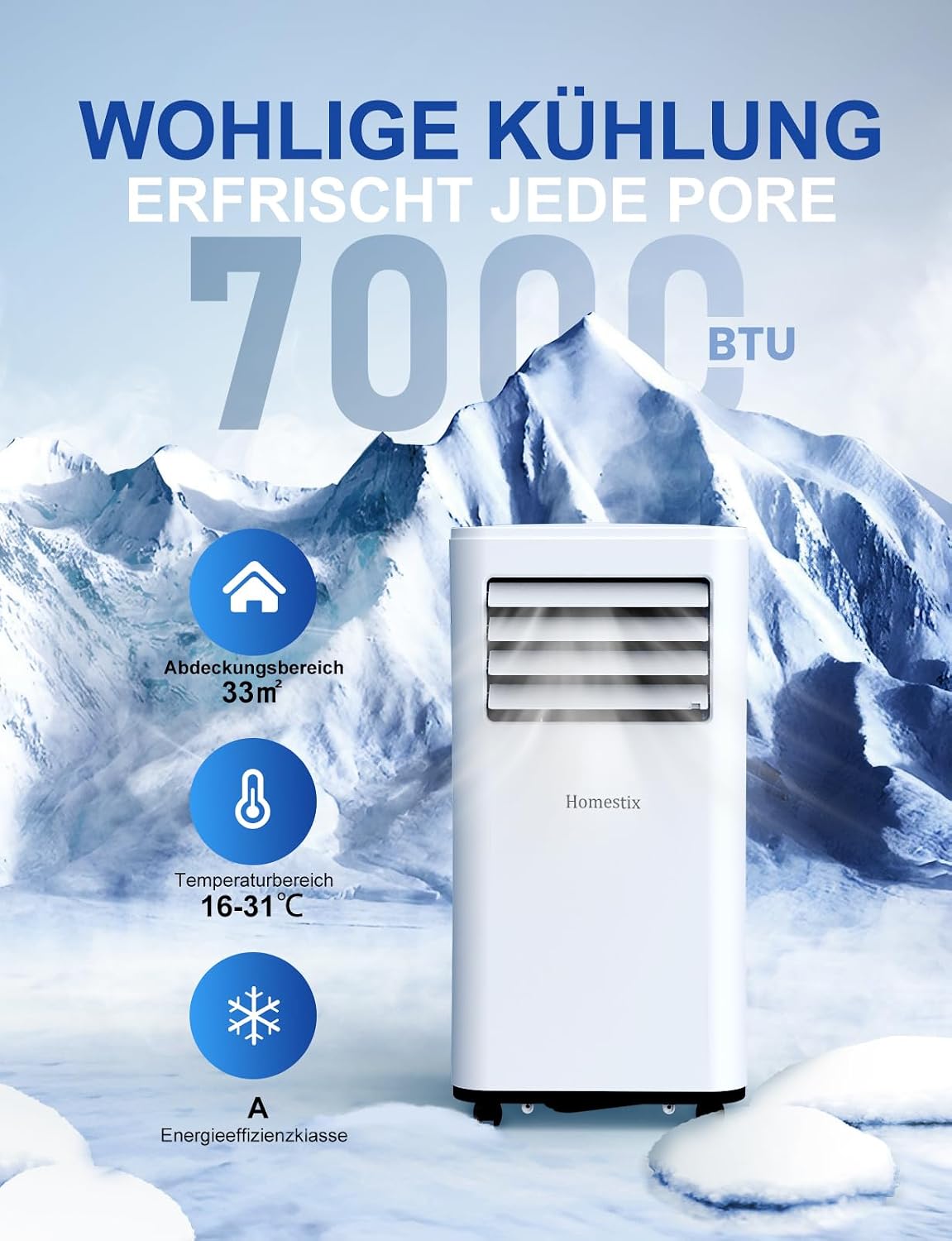 Homestix JHS-A016-07KR2/Q Portable Air Conditioner 7000 BTU 4-in-1 Cooling Dehumidifier Fan White