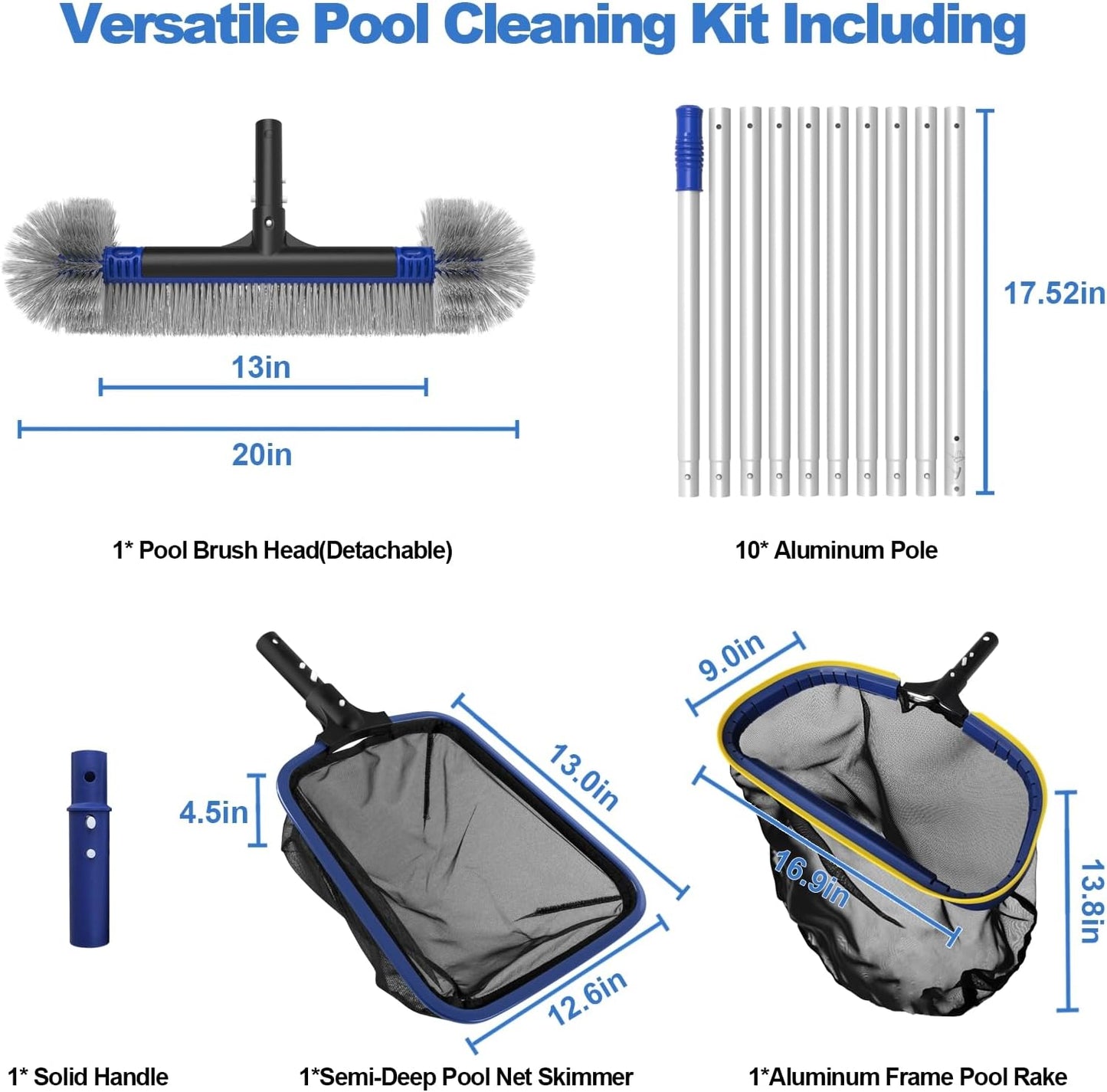 Poolvio 5-in-1 Pool Cleaning Kit with 13ft Adjustable Pole