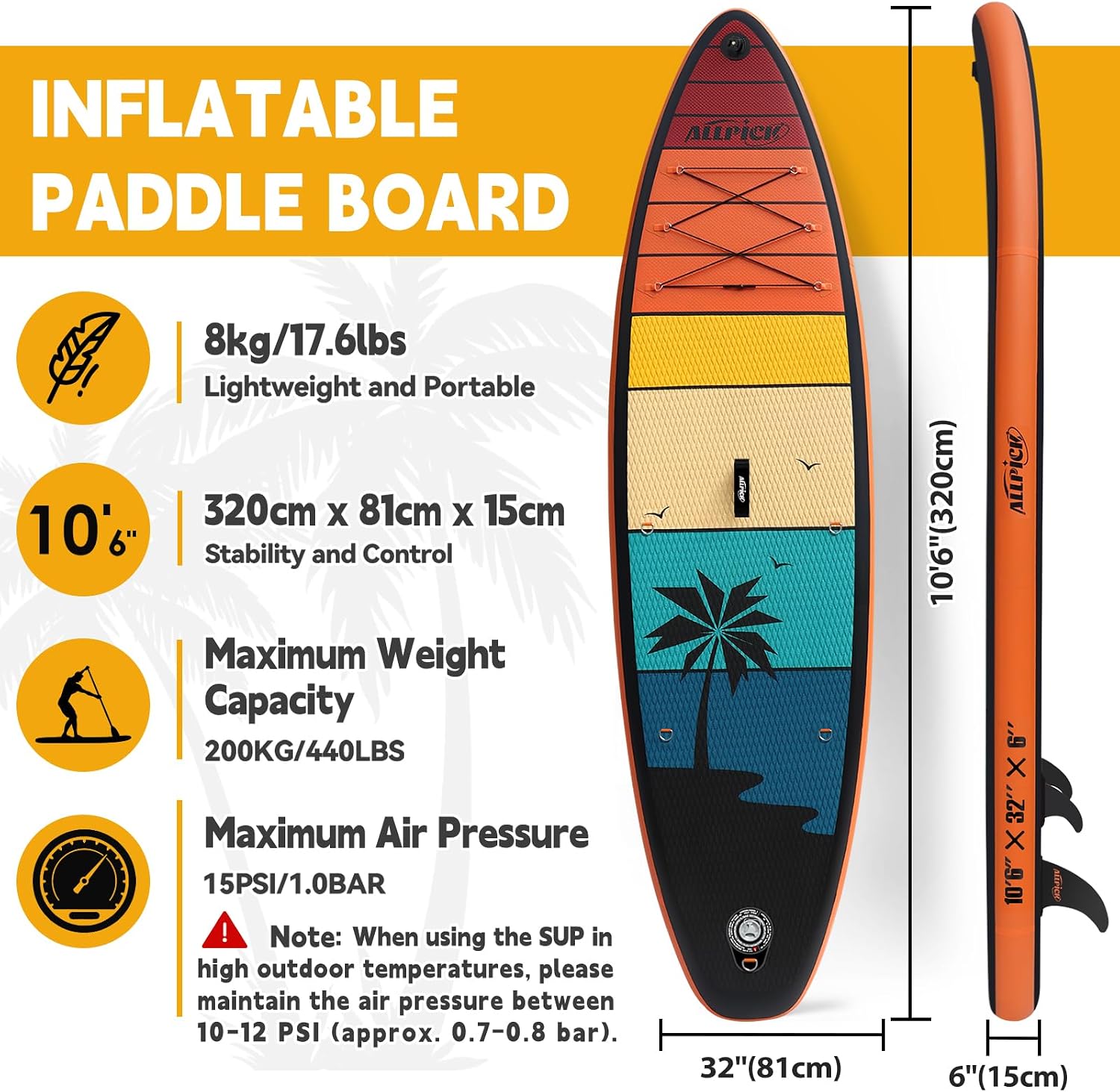 ALLPICK Premium Aufblasbares SUP Board Set 320x81x15cm Vintage Holzmaserung