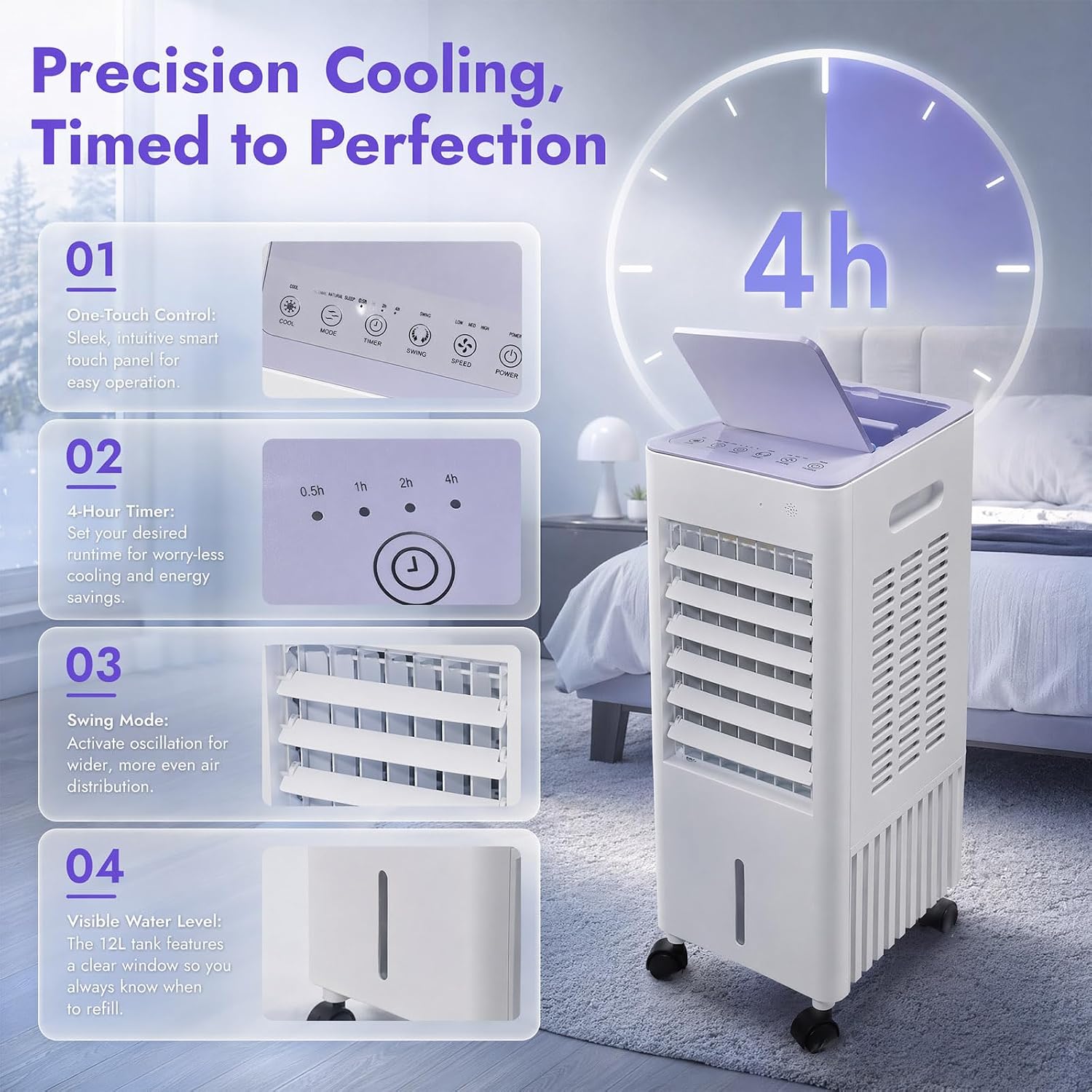 Simsky AC-4in1-12L Portable Evaporative Cooler 12L 4-in-1 Fan Humidifier White
