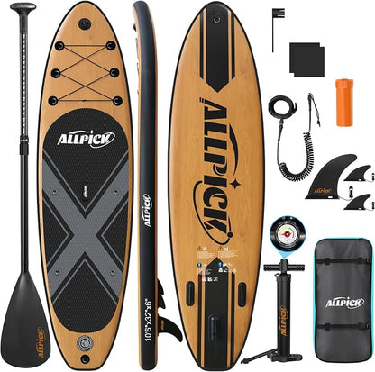 ALLPICK Premium Aufblasbares SUP Board Set 320x81x15cm Vintage Holzmaserung