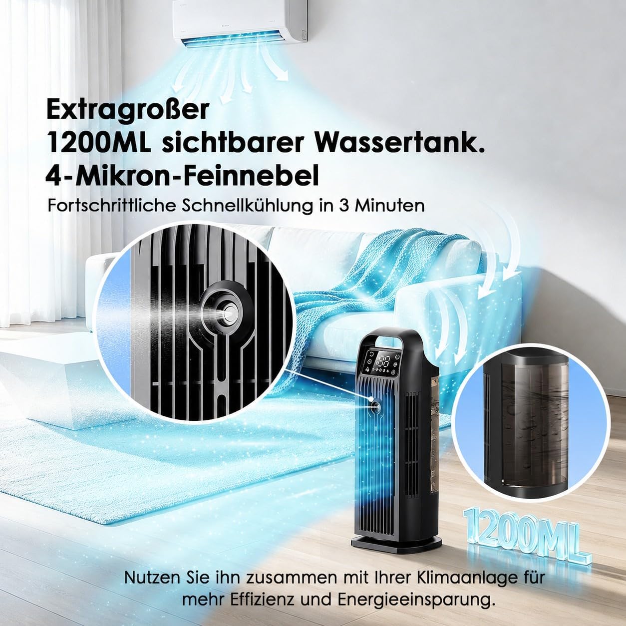 Zenolix KF1 Portable Air Conditioner 6-in-1 Evaporative Cooler 1200ml Matt Black