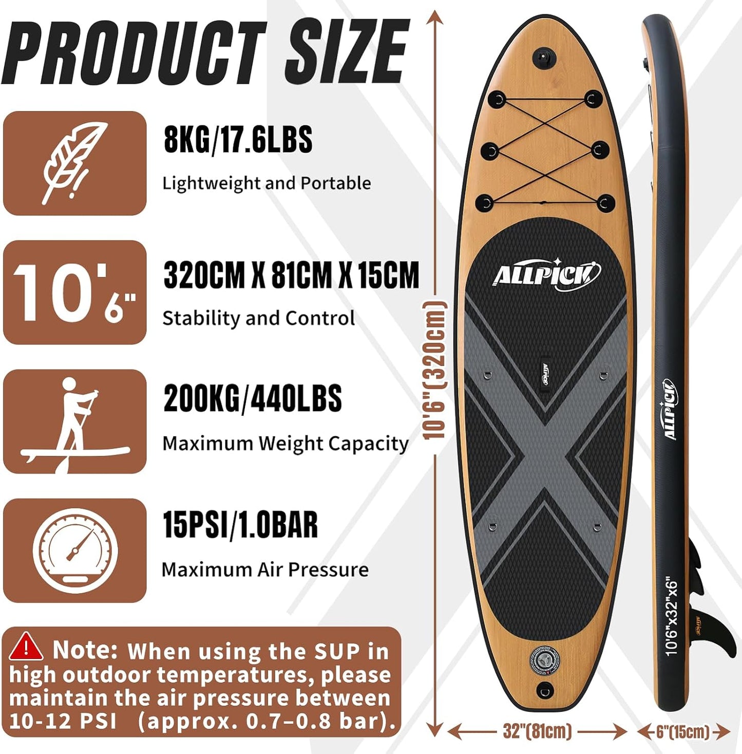 ALLPICK Premium Aufblasbares SUP Board Set 320x81x15cm Vintage Holzmaserung
