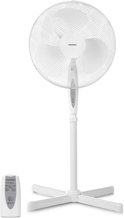 MEDION MD18795 Silent Pedestal Fan 45W 3-Speed Oscillating Remote Control White