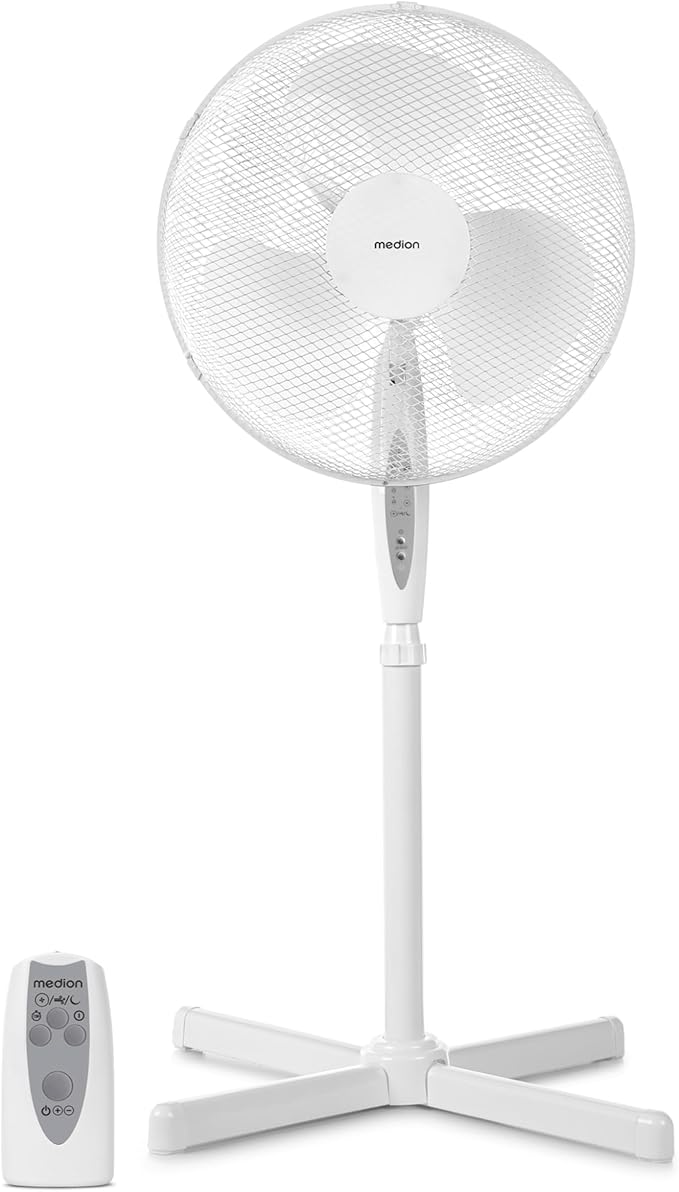 MEDION MD18795 Silent Pedestal Fan 45W 3-Speed Oscillating Remote Control White