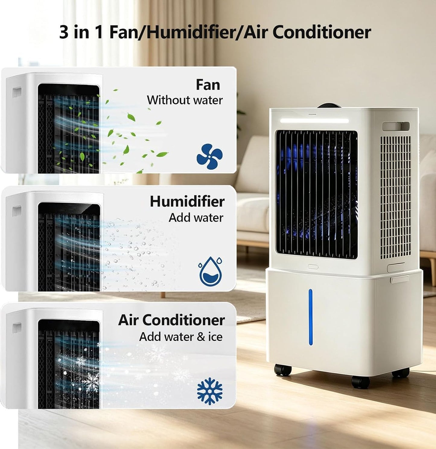 Generisch ZZDZABKZC Portable Evaporative Cooler 20L 2000 m³/h 3-in-1 Fan Humidifier White