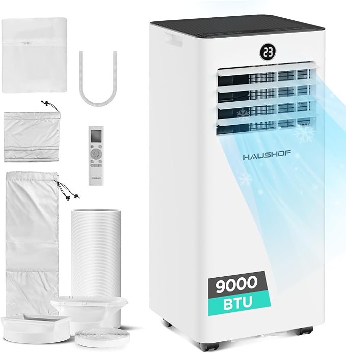 HAUSHOF HH25080A Portable Air Conditioner 9000 BTU 4-in-1 Cooling Dehumidifier Fan White