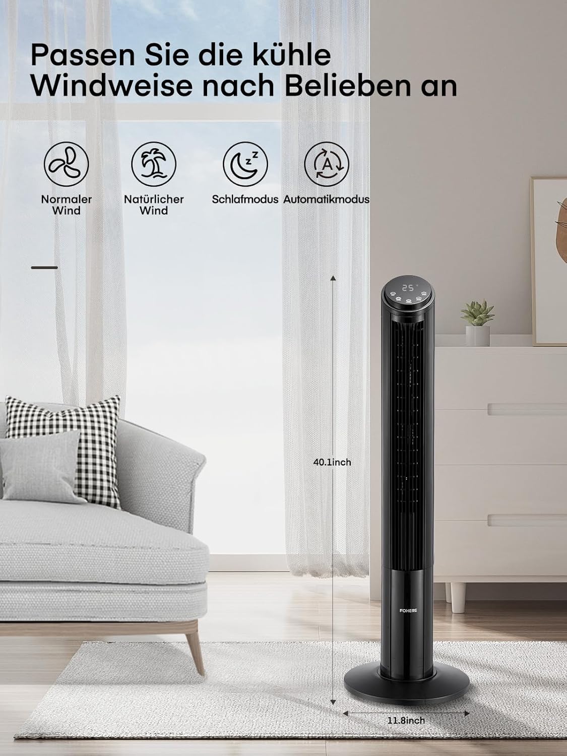 FOHERE TF2229TLR-DC Tower Fan 102 cm 12-Speed DC Motor Remote Control Black
