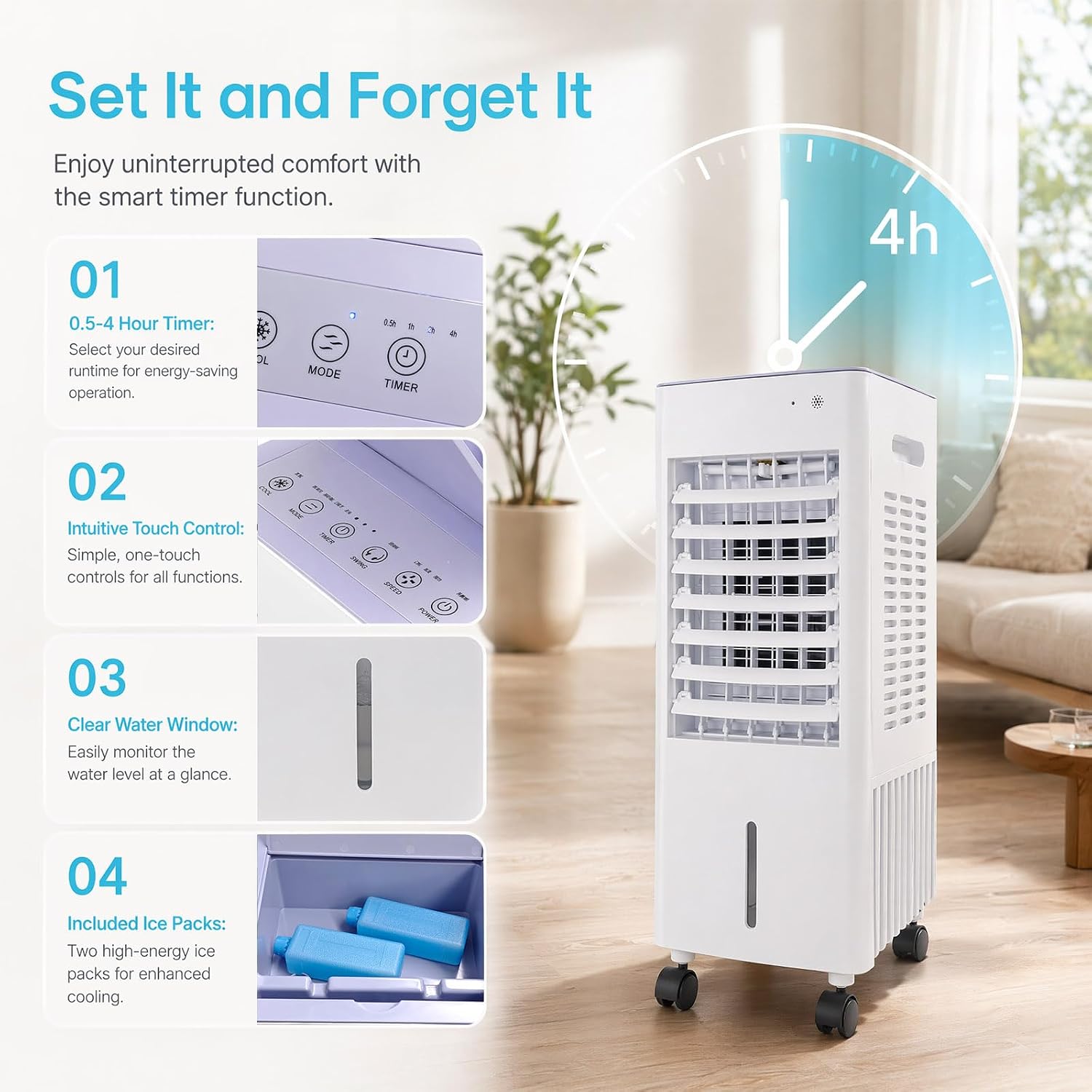 Simsky AC-4in1-12L Portable Evaporative Cooler 12L 4-in-1 Fan Humidifier White