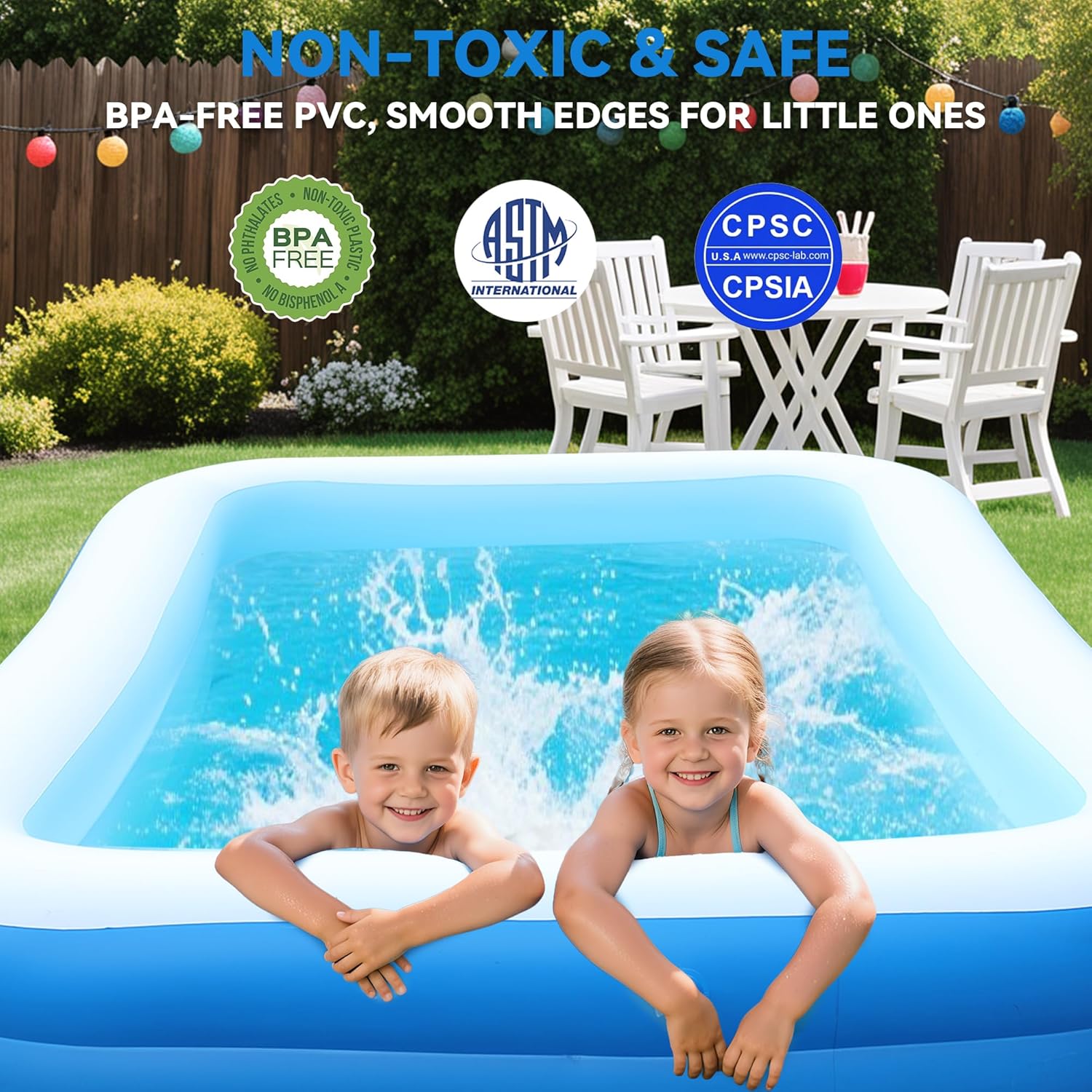 WavYoo 10ft Inflatable Pool Oversized Rectangular Swimming Pool Blue