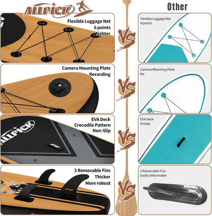 ALLPICK Premium Aufblasbares SUP Board Set 320x81x15cm Vintage Holzmaserung