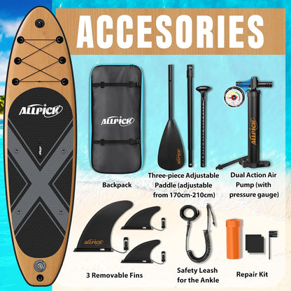 ALLPICK Premium Aufblasbares SUP Board Set 320x81x15cm Vintage Holzmaserung