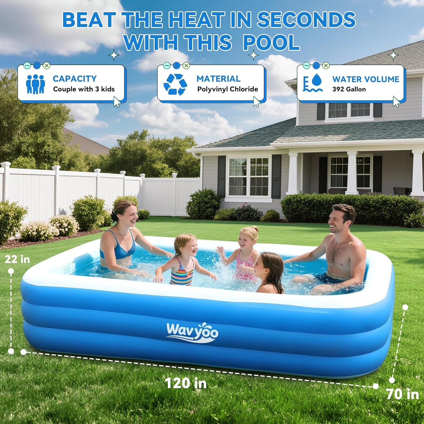 WavYoo 10ft Inflatable Pool Oversized Rectangular Swimming Pool Blue