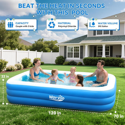 WavYoo 10ft Inflatable Pool Oversized Rectangular Swimming Pool Blue