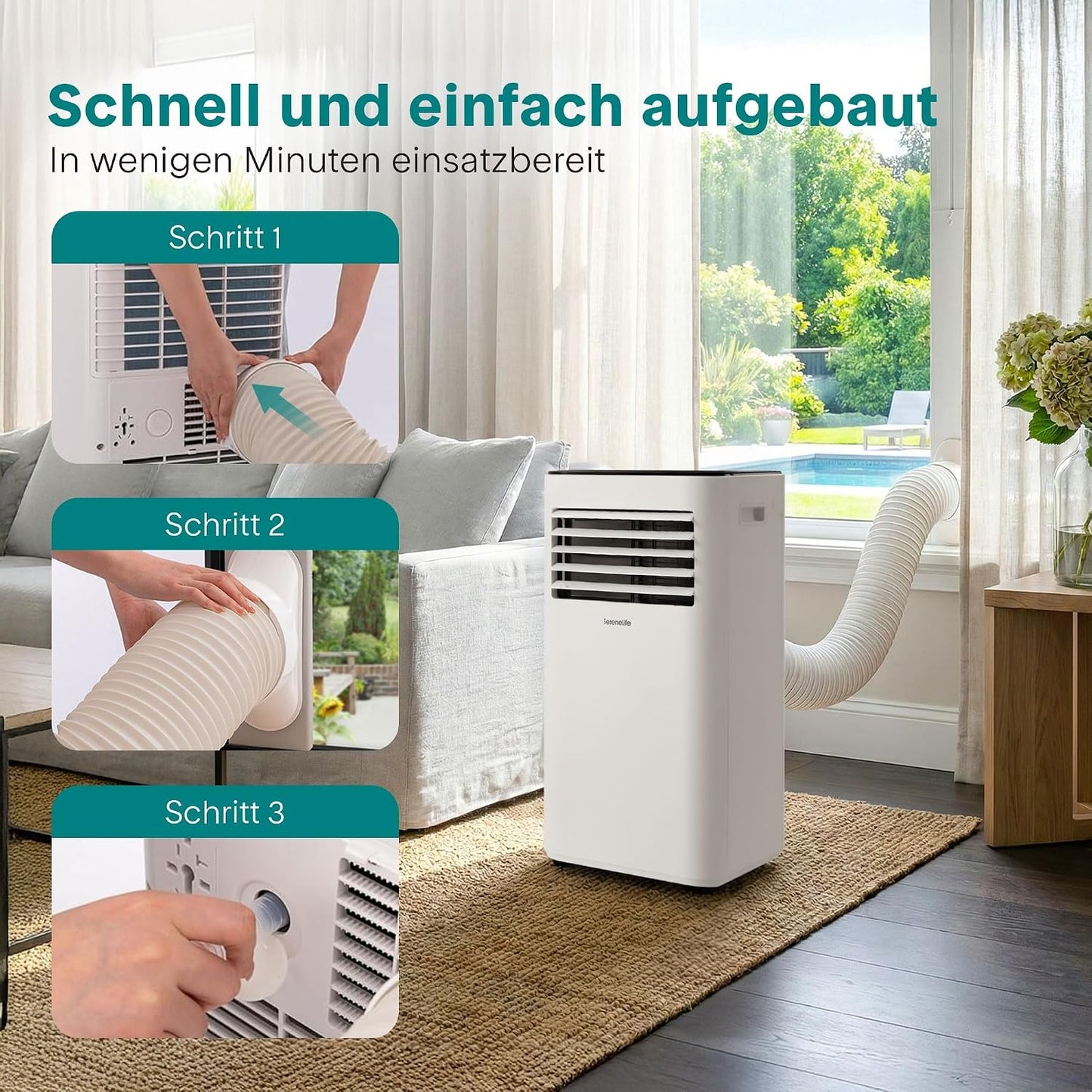 SereneLife SLPAC170WEU Portable Air Conditioner 7000 BTU 3-in-1 Cooling Dehumidifier Fan White