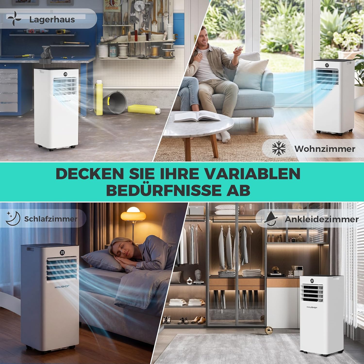 HAUSHOF HH25080A Portable Air Conditioner 9000 BTU 4-in-1 Cooling Dehumidifier Fan White
