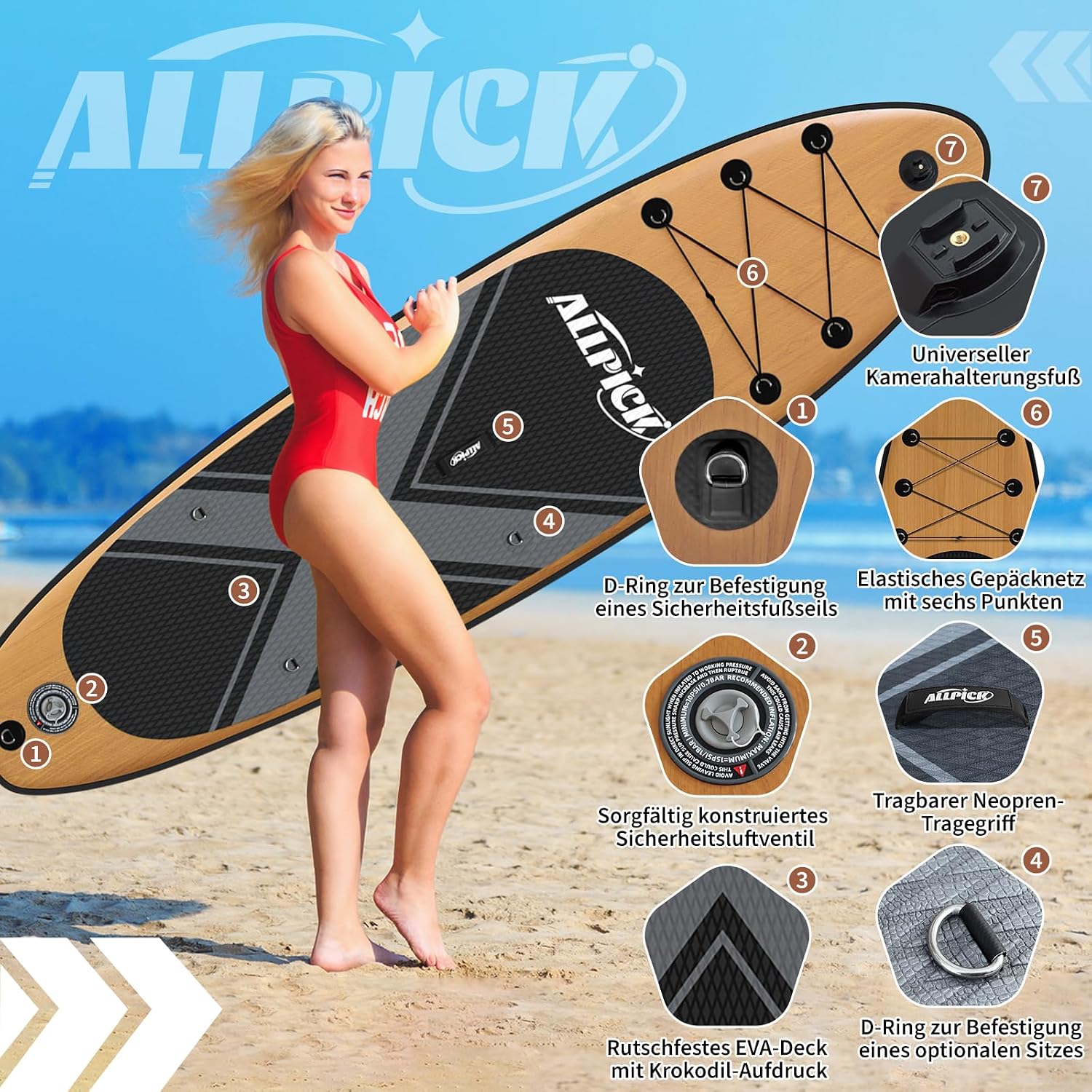 ALLPICK Premium Aufblasbares SUP Board Set 320x81x15cm Vintage Holzmaserung