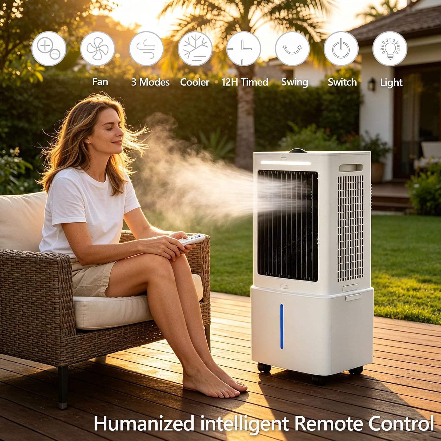 Generisch ZZDZABKZC Portable Evaporative Cooler 20L 2000 m³/h 3-in-1 Fan Humidifier White